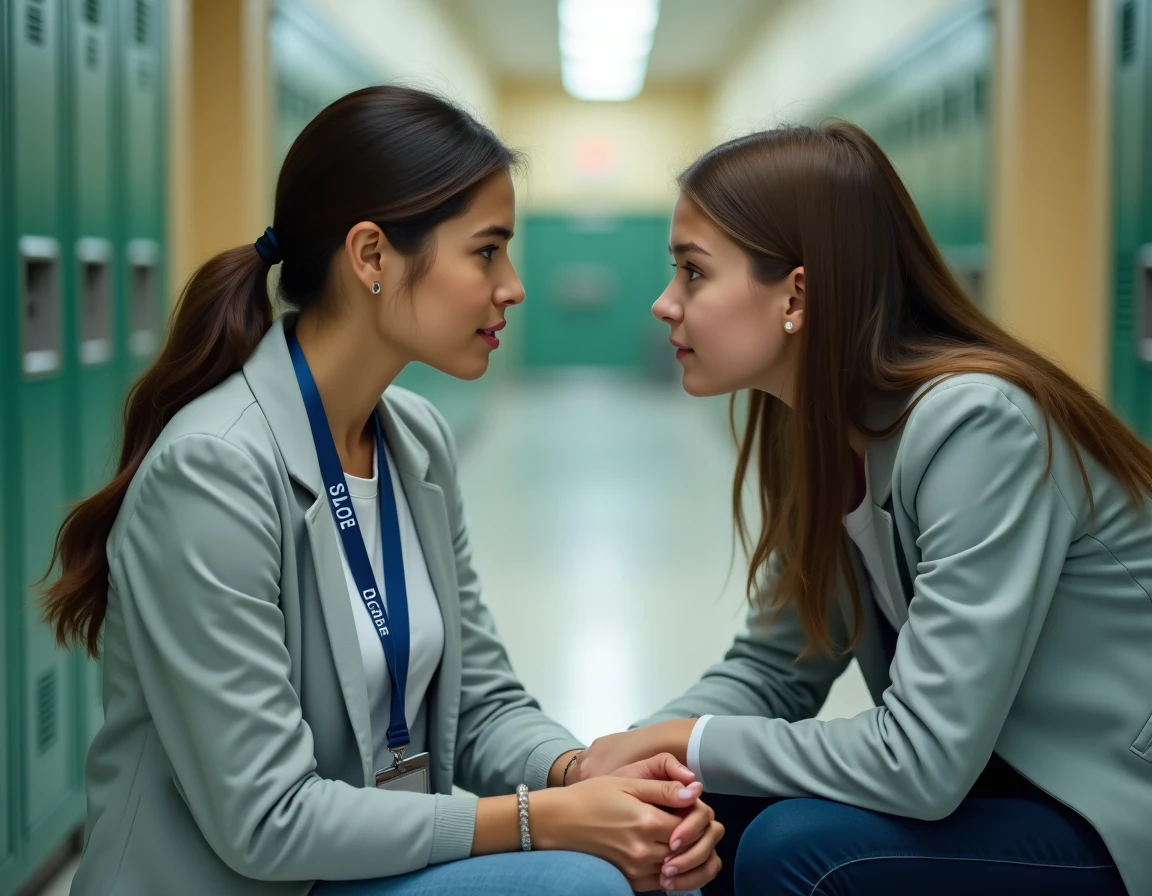 Travailleuse sociale écoutant une adolescente dans un couloir scolaire, accompagnement jeunesse programme KDN