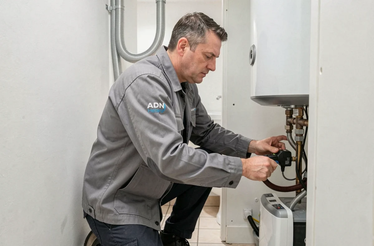 Un technicien d'ADN Helard installe un chauffe-eau dans un placard utilitaire d'un appartement à Nîmes.