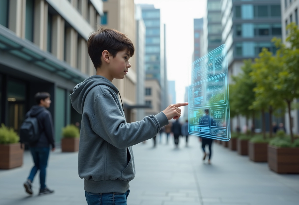 Adolescent naviguant une interface holographique en ville