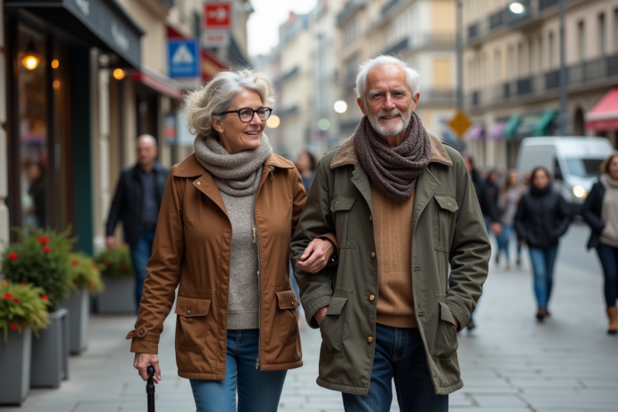 aide-vieille-femme-homme-ville Femme aidant un homme âgé à traverser la rue en ville