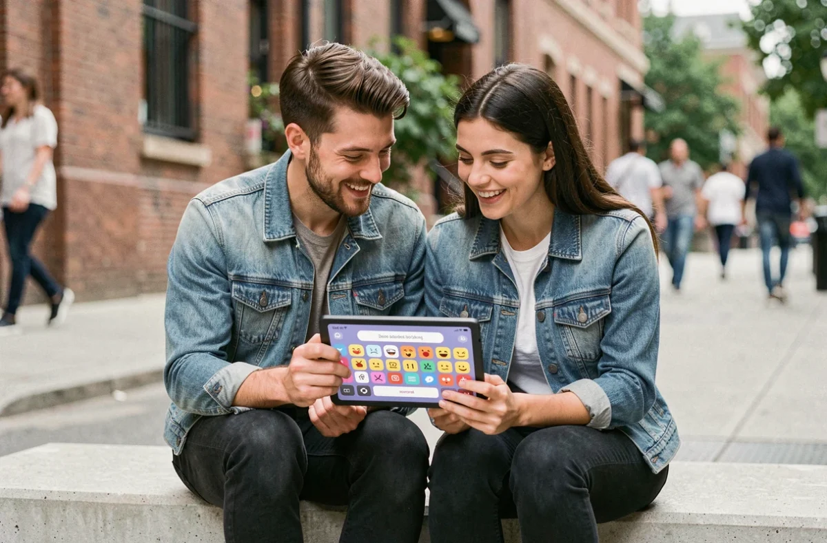Deux amis consultant un guide des emojis sur une tablette en plein air dans un cadre urbain