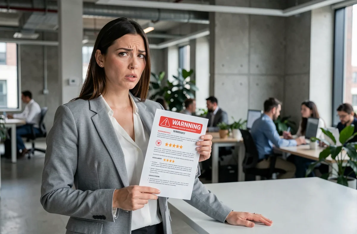 Femme examinant un rapport avec des notes de confiance médiocres, représentant l'analyse des avis négatifs sur Rokzov