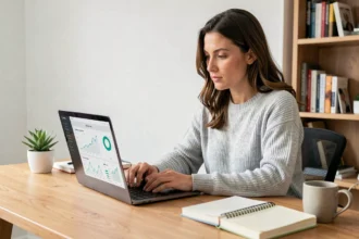 Femme analysant un tableau de bord Jingoo sur un ordinateur portable dans un bureau à domicile moderne
