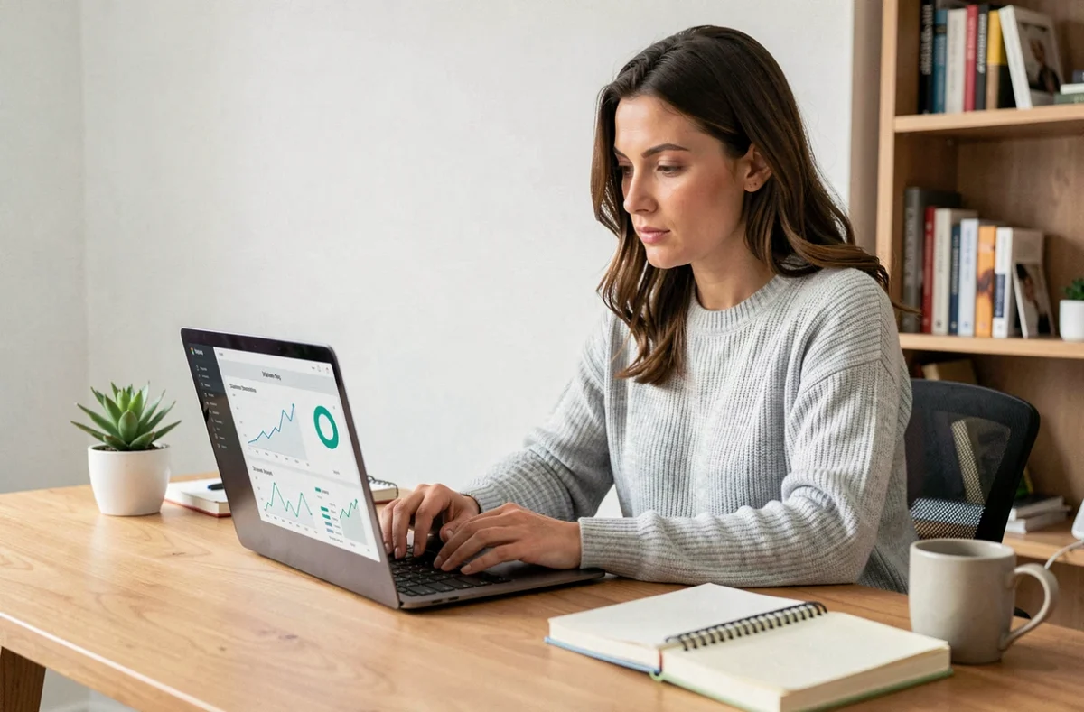 Femme analysant un tableau de bord Jingoo sur un ordinateur portable dans un bureau à domicile moderne