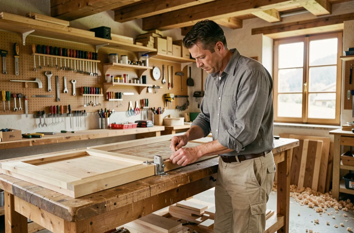 Artisan serrurier menuisier Antoine Bouvier travaillant dans son atelier en Isère