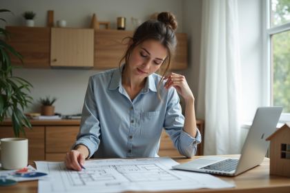 Femme en revue des plans architecturaux dans un bureau moderne