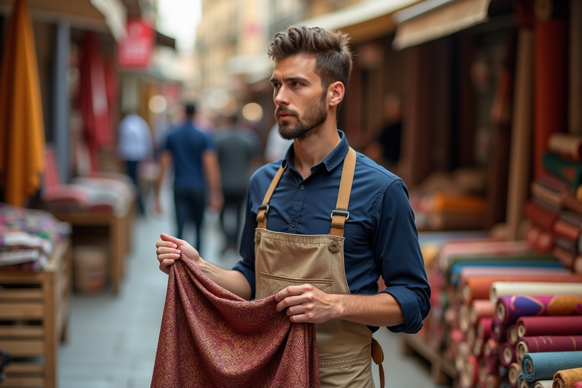 Artisan textile dans un marché en plein air avec tissus