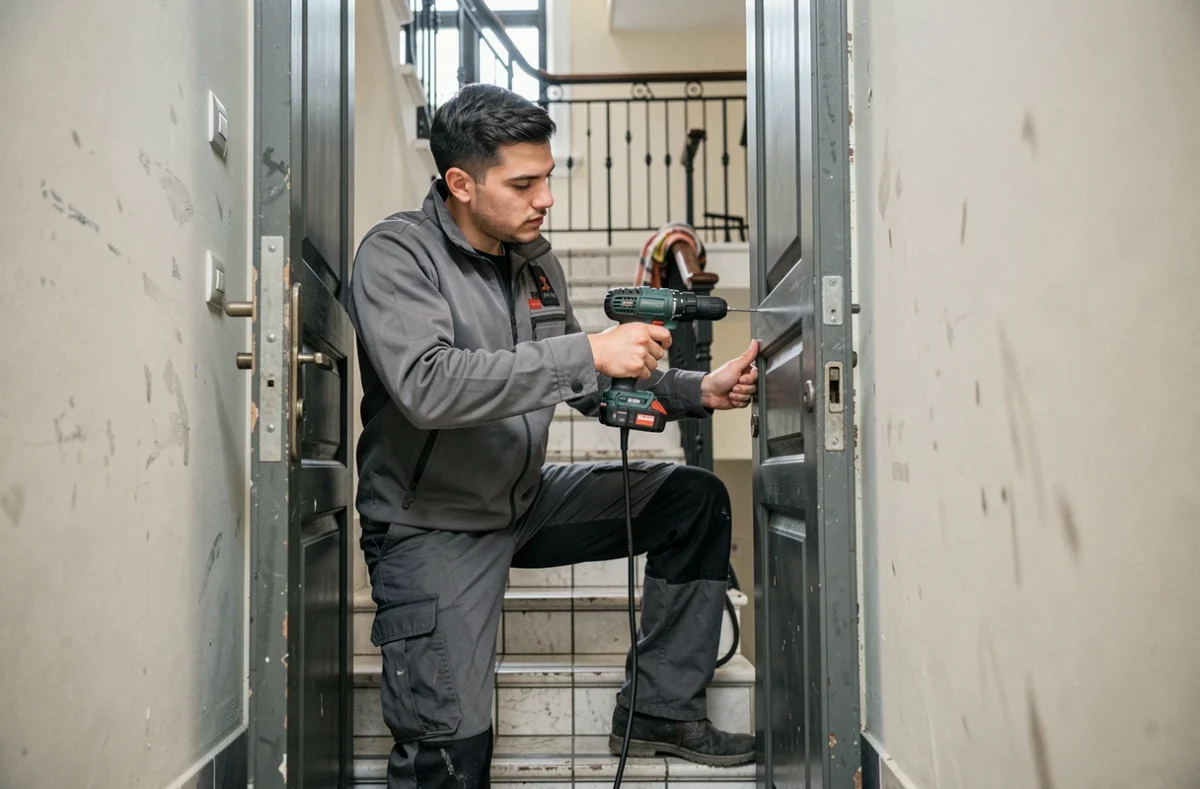 Artisan serrurier travaillant sur un encadrement de porte dans un immeuble résidentiel de Grenoble
