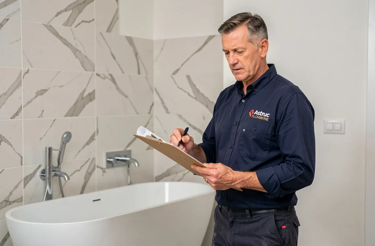 Un plombier d'Astruc Plomberie examine des plans techniques devant une salle de bain rénovée dans une maison à Nîmes.