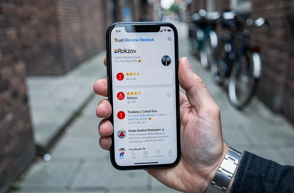 Gros plan d'un smartphone affichant de mauvaises notes de confiance et des avis négatifs sur Rokzov