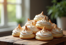 Biscuits meringue frais empiles sur une table en bois rustique