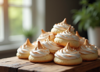 Apprenez la recette authentique du biscuit meringué Biscuits meringue frais empiles sur une table en bois rustique
