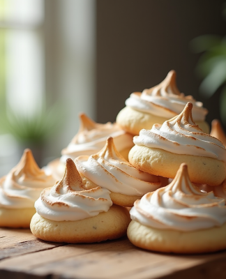 Biscuits meringue frais empiles sur une table en bois rustique