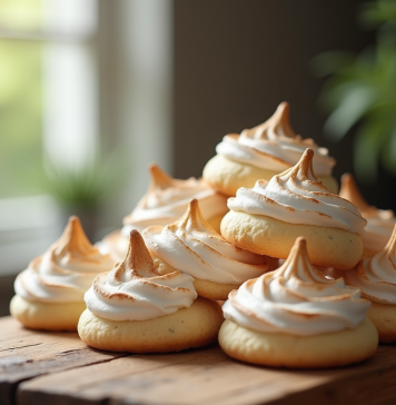 Biscuits meringue frais empiles sur une table en bois rustique