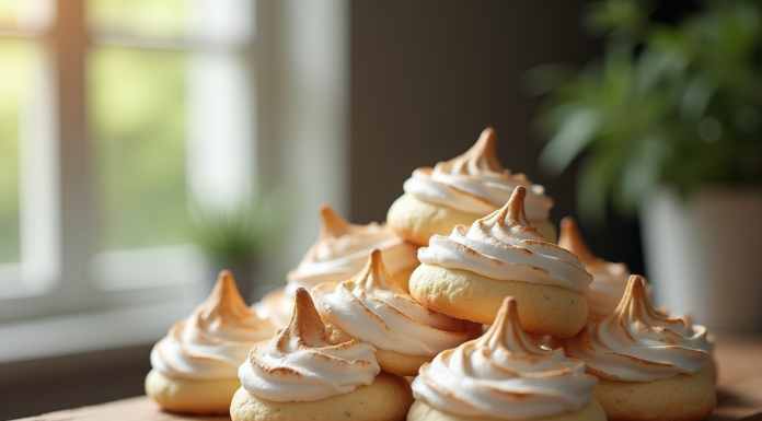 Biscuits meringue frais empiles sur une table en bois rustique
