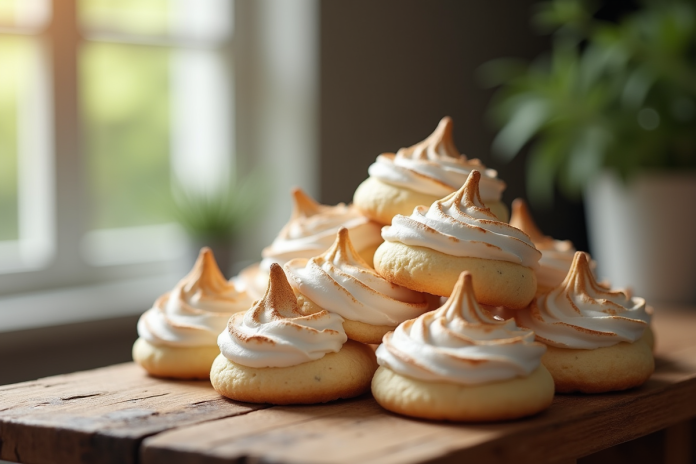 biscuits-meringue-frais Biscuits meringue frais empiles sur une table en bois rustique