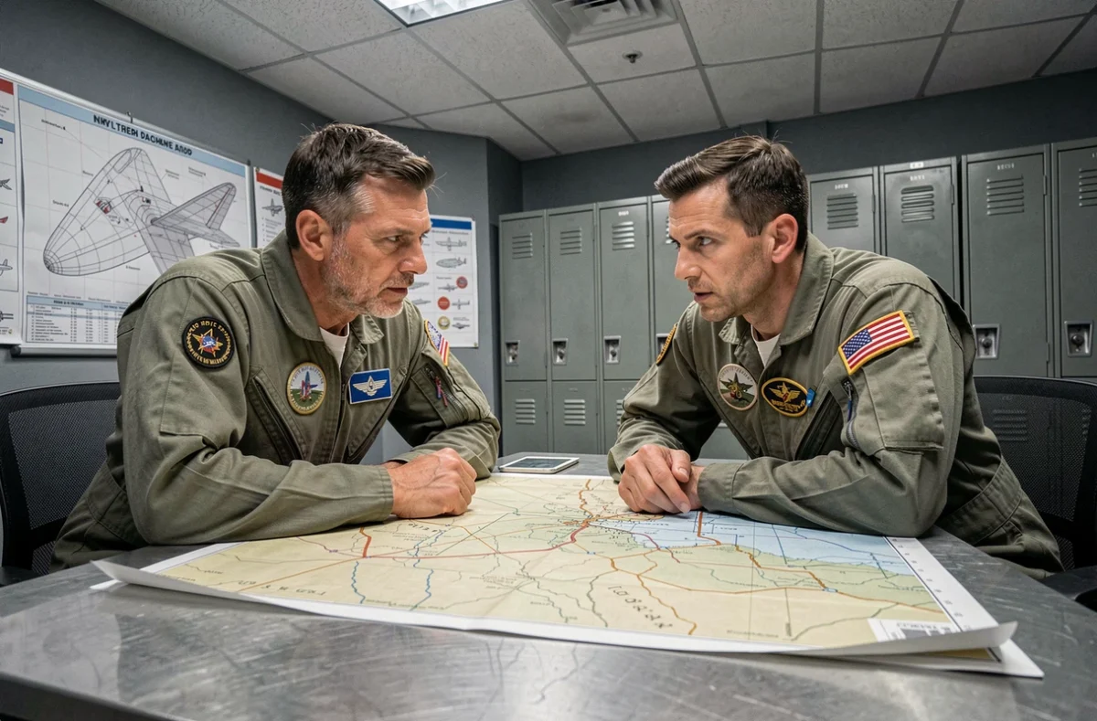 Deux pilotes militaires en combinaison de vol discutant d'une mission tactique dans une salle de briefing aéronautique, dans l'esprit de Top Gun 3