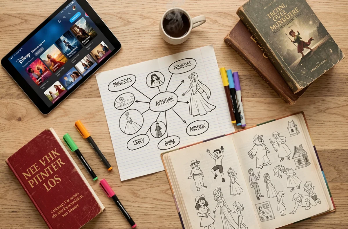 Vue de dessus d'un bureau avec tablette affichant des films Disney, carte mentale thématique dessinée à la main et livres sur l'histoire de l'animation