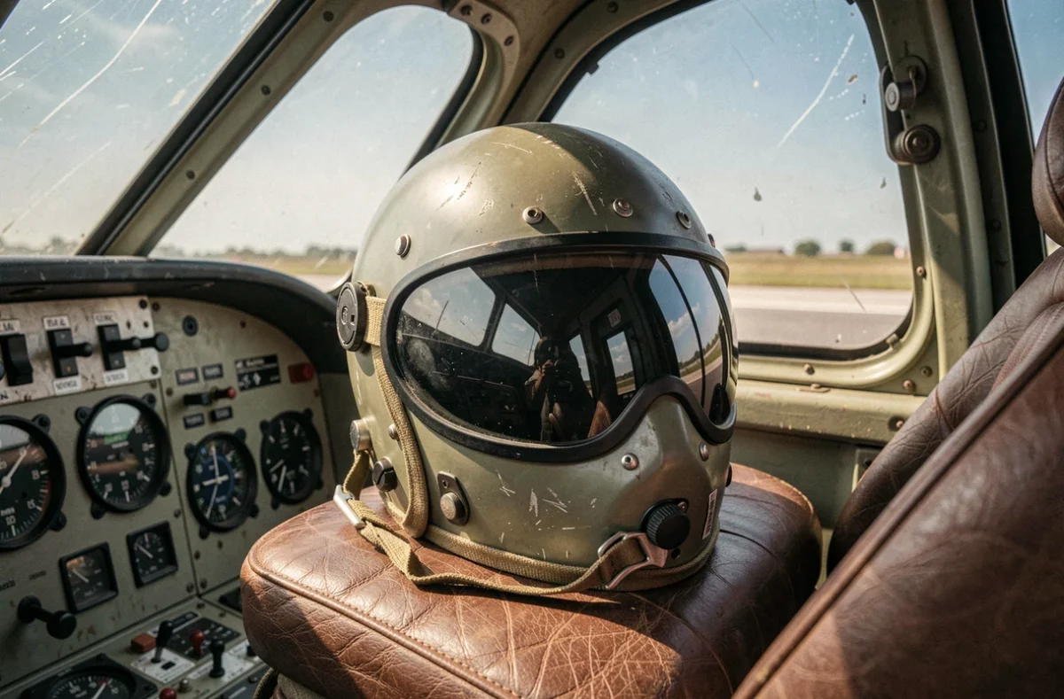 Casque de pilote de chasse vintage posé dans le cockpit d'un avion militaire avec instruments de bord, référence à l'univers de Top Gun 3