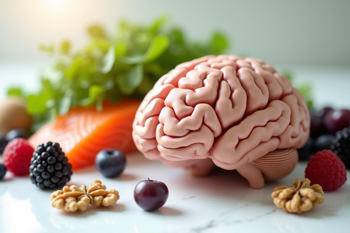 Modèle de cerveau avec fruits et légumes pour la santé cérébrale