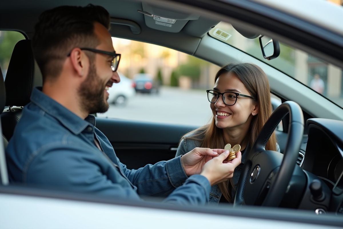Jeune homme donne des pièces à une femme dans une voiture en stationnement