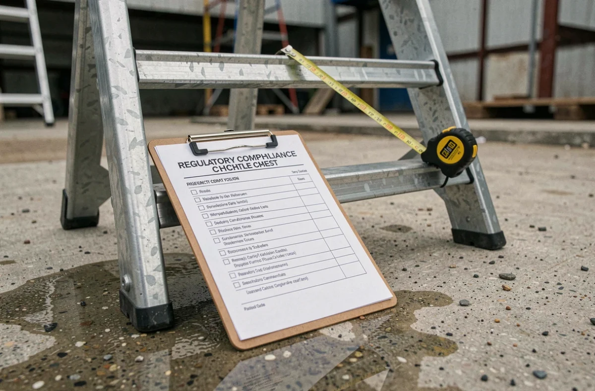 Check-list de conformité réglementaire posée contre une échelle crinoline galvanisée avec mètre ruban sur chantier