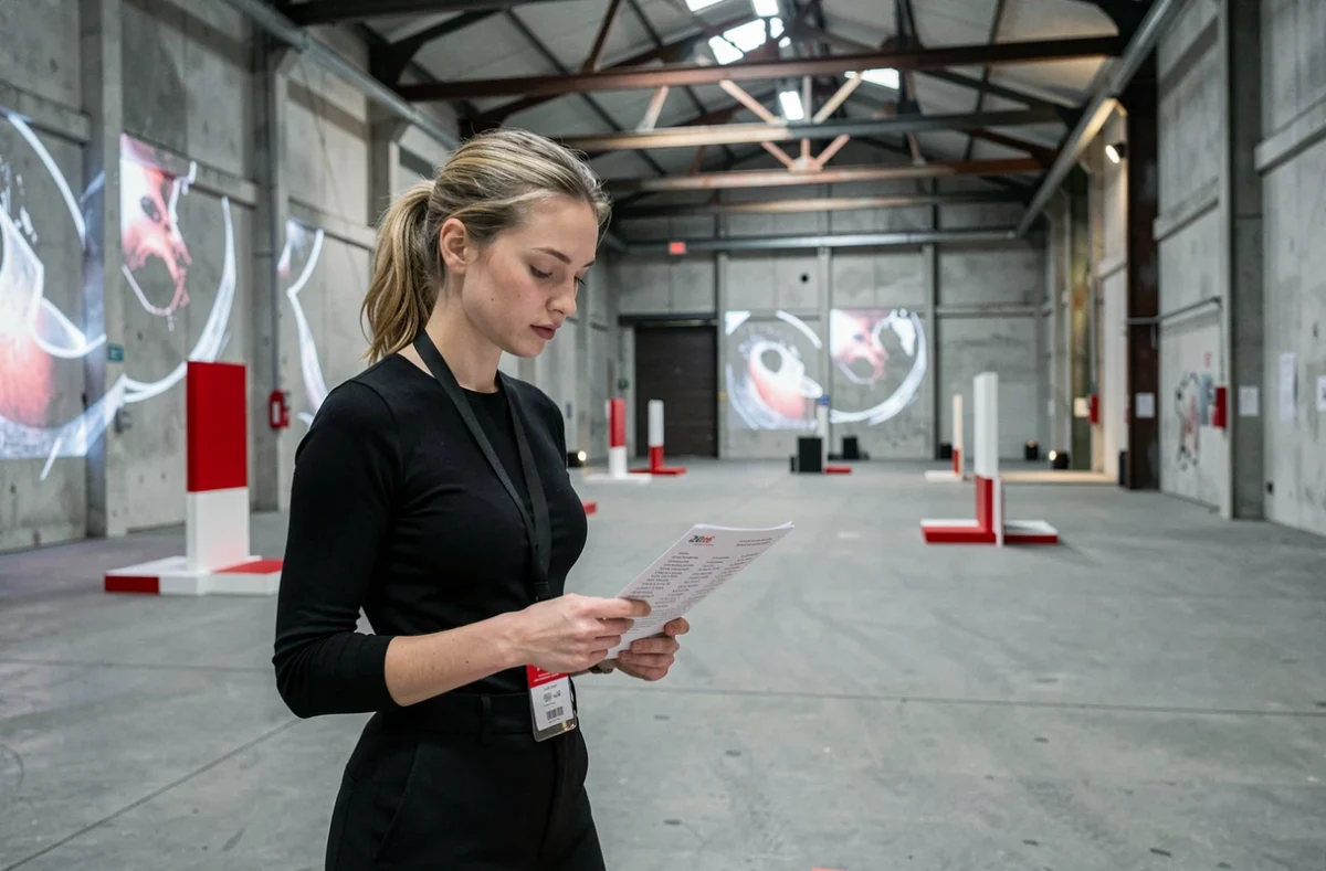Femme organisatrice d'événements dans un entrepôt industriel berlinois converti en club de techno, reflétant la scène techno européenne des années 1990
