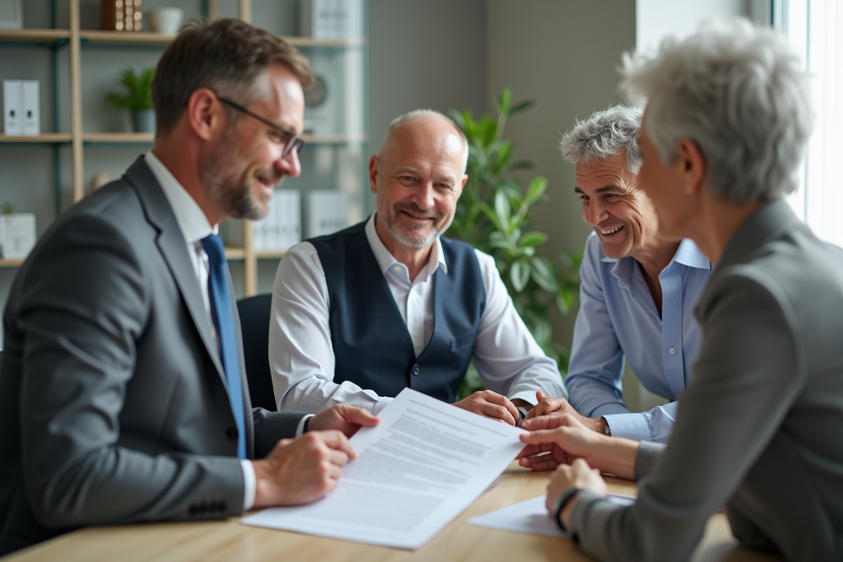 Conseiller financier expliquant un contrat de viager à un couple