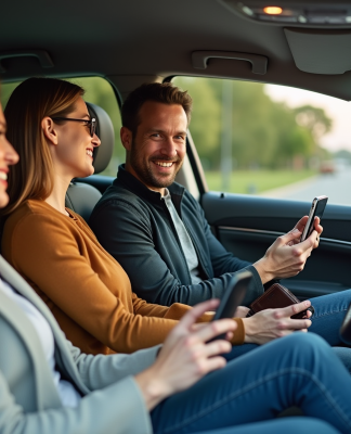 Trois adultes discutent dans une voiture moderne en voiture