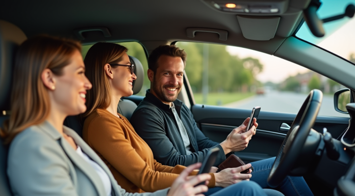 Trois adultes discutent dans une voiture moderne en voiture