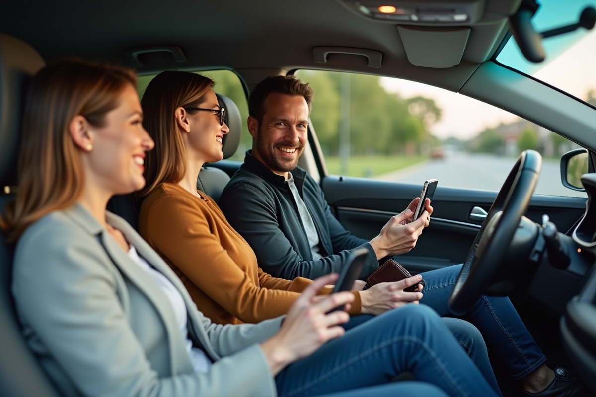 Trois adultes discutent dans une voiture moderne en voiture