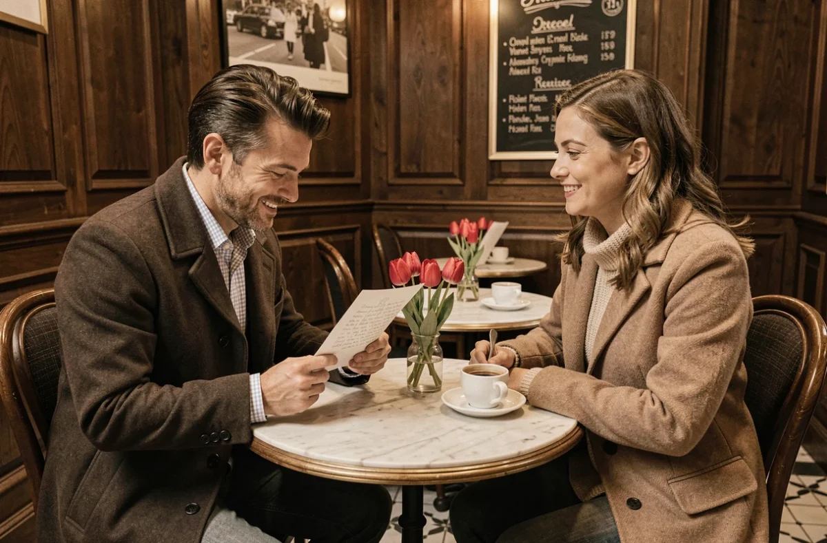 Couple lisant une lettre d'amour pour la Saint-Valentin dans un café parisien chaleureux avec des tulipes rouges sur la table