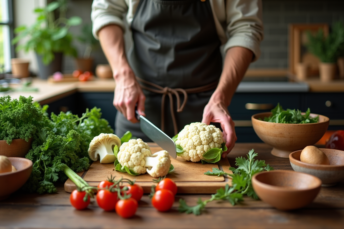 Jeune homme préparant un chou-fleur dans la cuisine