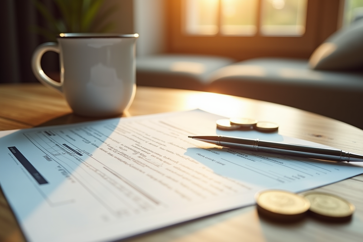 Gros plan sur un contrat de prêt immobilier avec une tasse et des pièces d