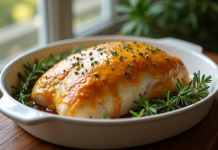 Filet de dinde rôtie en sauce moutarde sur une assiette en céramique