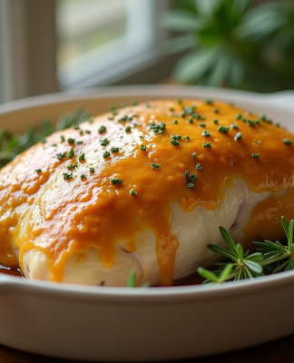 Filet de dinde rôtie en sauce moutarde sur une assiette en céramique