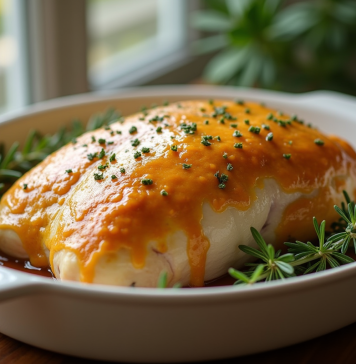 Filet de dinde rôtie en sauce moutarde sur une assiette en céramique