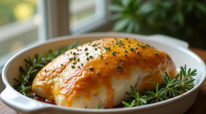 Filet de dinde rôtie en sauce moutarde sur une assiette en céramique