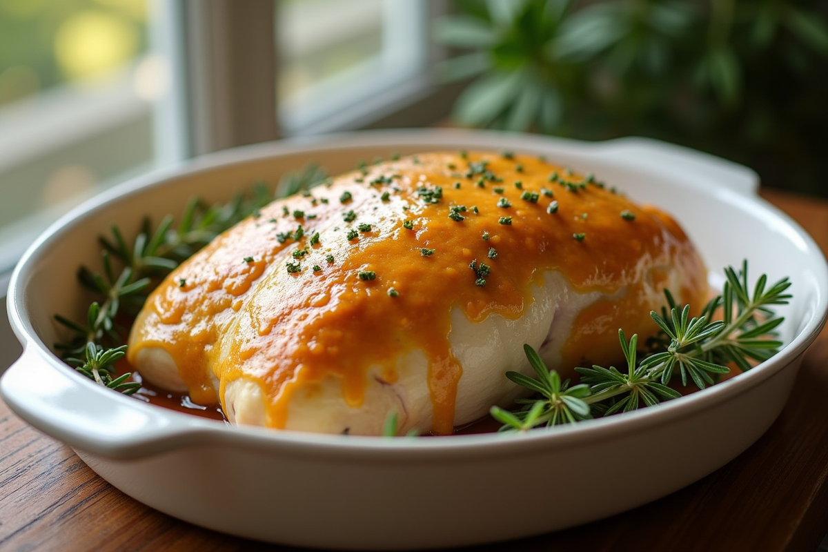 Filet de dinde rôtie en sauce moutarde sur une assiette en céramique