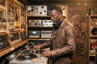 DJ afro-américain dans un club underground de Detroit entouré de synthétiseurs vintage et d'équipements audio des années 1980, évoquant les origines de la techno