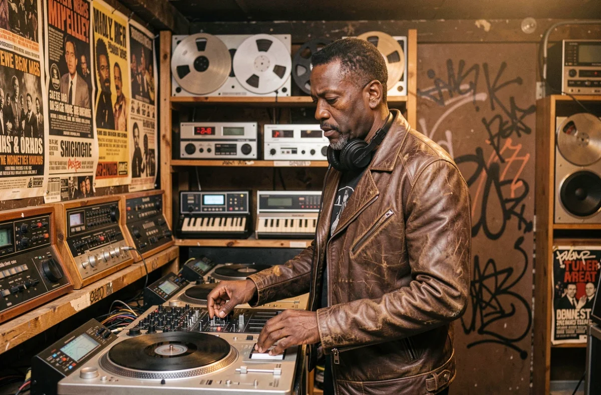 DJ afro-américain dans un club underground de Detroit entouré de synthétiseurs vintage et d'équipements audio des années 1980, évoquant les origines de la techno