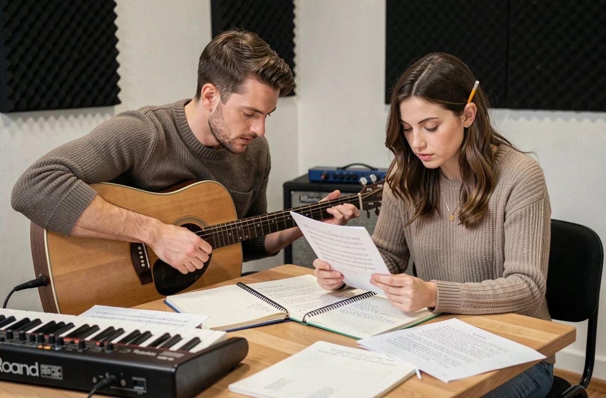 Duo de pop-rock français en studio de répétition avec guitare acoustique et partitions manuscrites