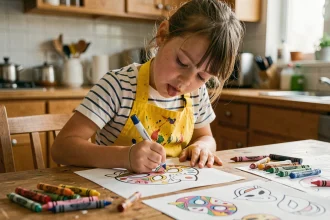 Jeune fille coloriant un masque de carnaval imprimé à la table de cuisine avec des feutres