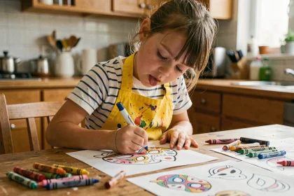 Jeune fille coloriant un masque de carnaval imprimé à la table de cuisine avec des feutres
