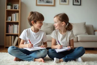 Jeune garçon et fille jouent avec des feutres dans le salon