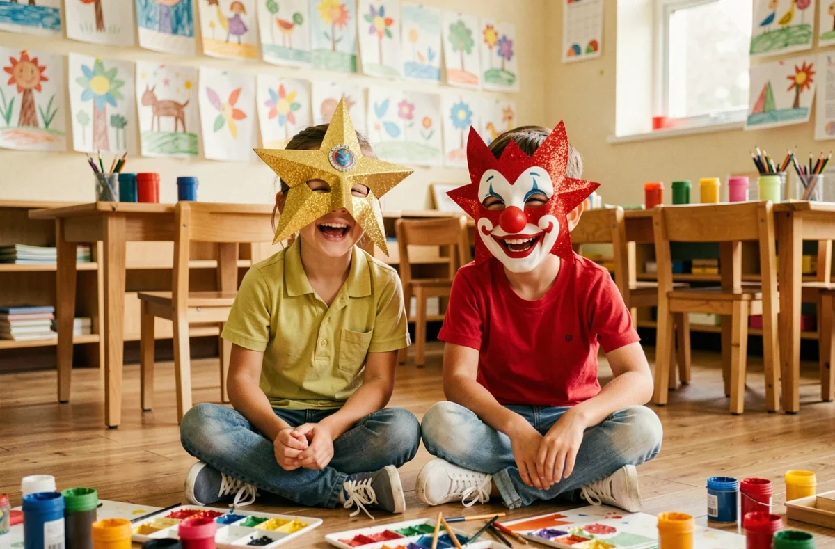 Deux enfants portant des masques de carnaval faits maison dans une salle de classe d'art