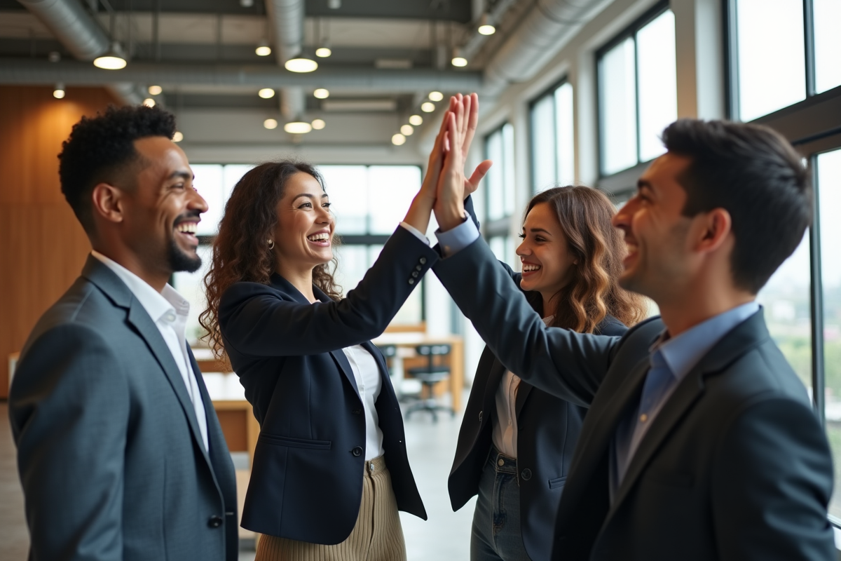 Equipe multiculturelle célébrant une réussite au bureau