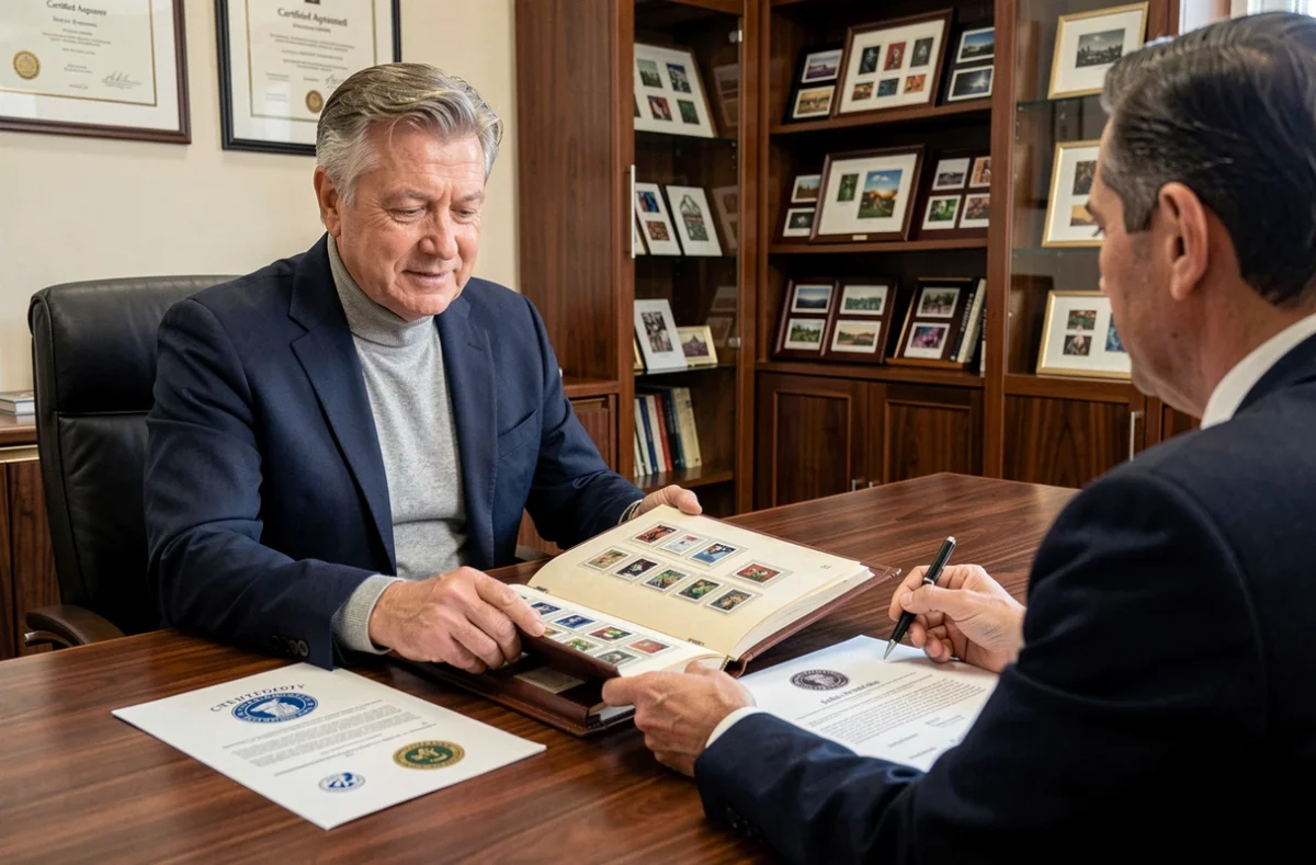 Expert philatéliste présentant une expertise officielle à un client dans un bureau professionnel avec diplômes et album de timbres