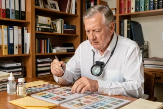 Expert philatéliste examinant un timbre vintage avec une loupe professionnelle sur un bureau de travail organisé