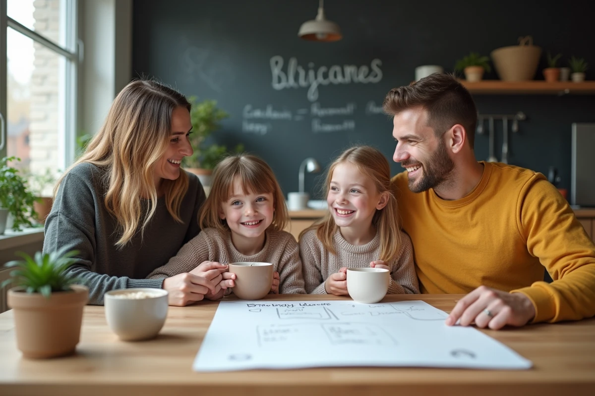 Famille en brainstorming dans la cuisine lumineuse